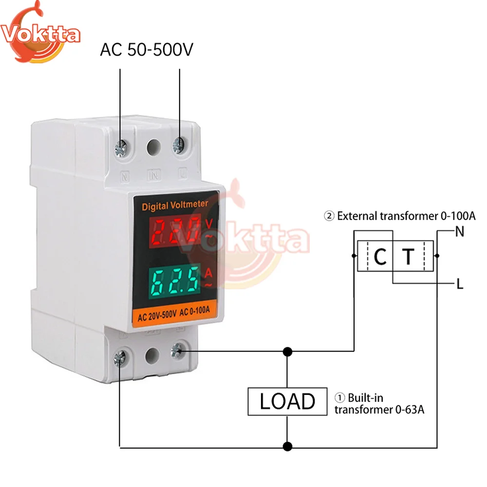 AC 50-500V 0-100A Digital Voltmeter Ammeter Din Rail Adjustable Over and Under Voltage Current Protective Device Volt Protector