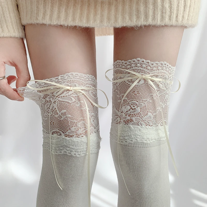 1pairs White Lace Lace Tied Ribbon Velvet Over Knee Socks Lolita Cute Sweet Calf Socks Women's Mid-Leg Kawai Thigh High Socks