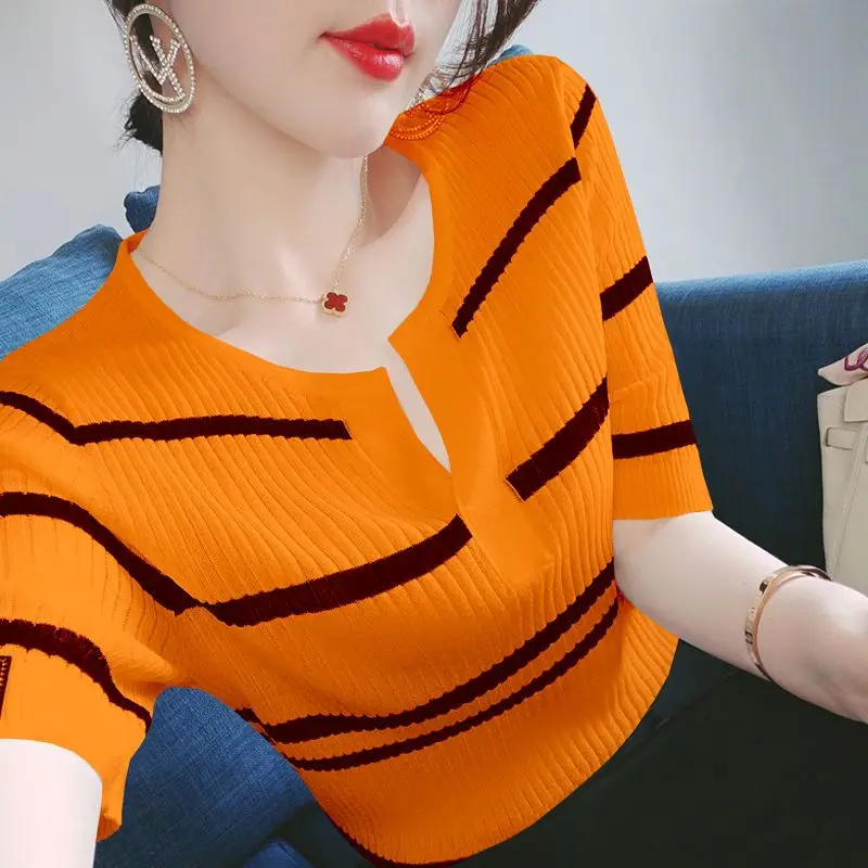 

High-end Summer Knitted T-shirt Short Sleeve Tops Thin Women's Clothing Chic Design Shirts Knitwear Pullovers Elastic Tees New