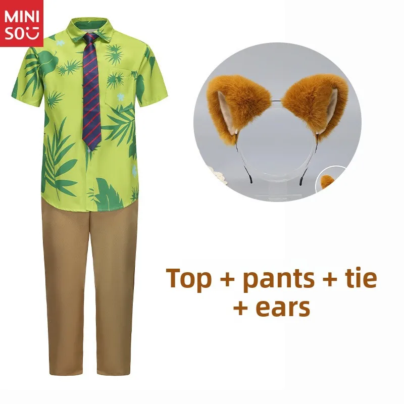 Miniso Zootopia Nick Wilde Cosplay-Kostüm für Kinder und Erwachsene, kurzärmeliges Hemd mit Fuchs-Kopfbedeckung