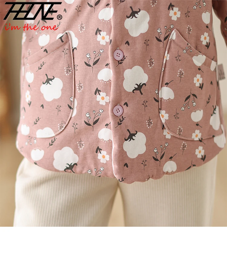 THHONE سترات شتوية سترات للنساء واحدة الصدر مبطن القطن الدافئة خمر طباعة الأزهار طويلة الأكمام معطف فضفاض ملابس خارجية