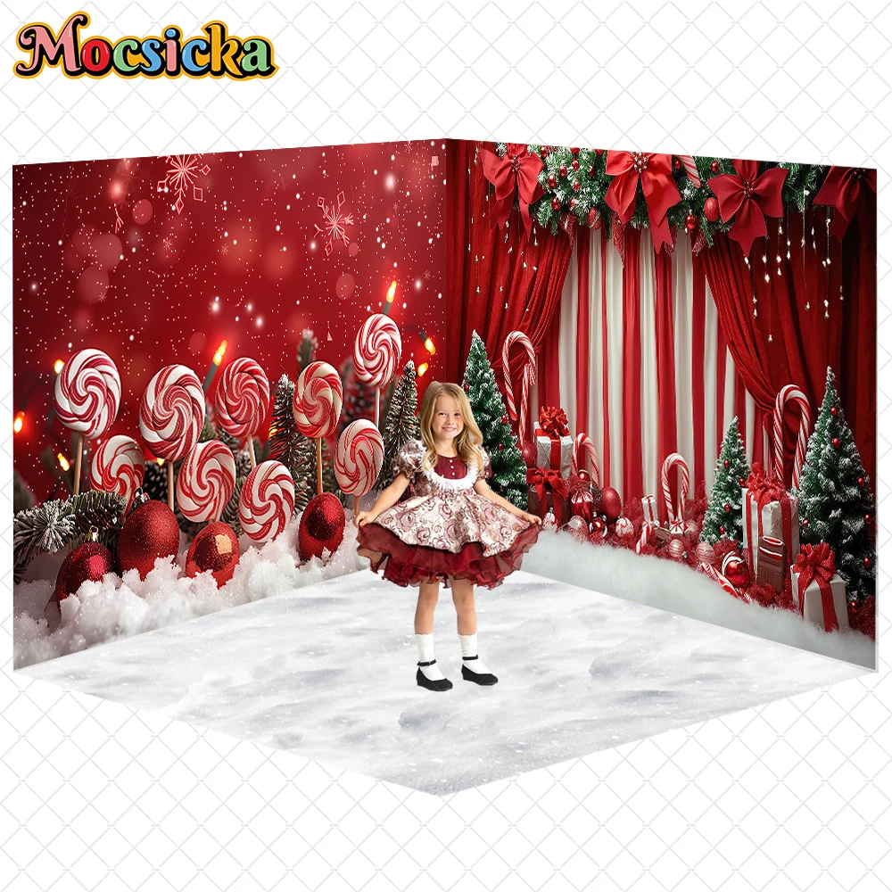 

Mocsicka Christmas Backdrop Photography Winter Snow Tree Red Curtain Lollipops Decors Wallpaper Family New Year Party Background