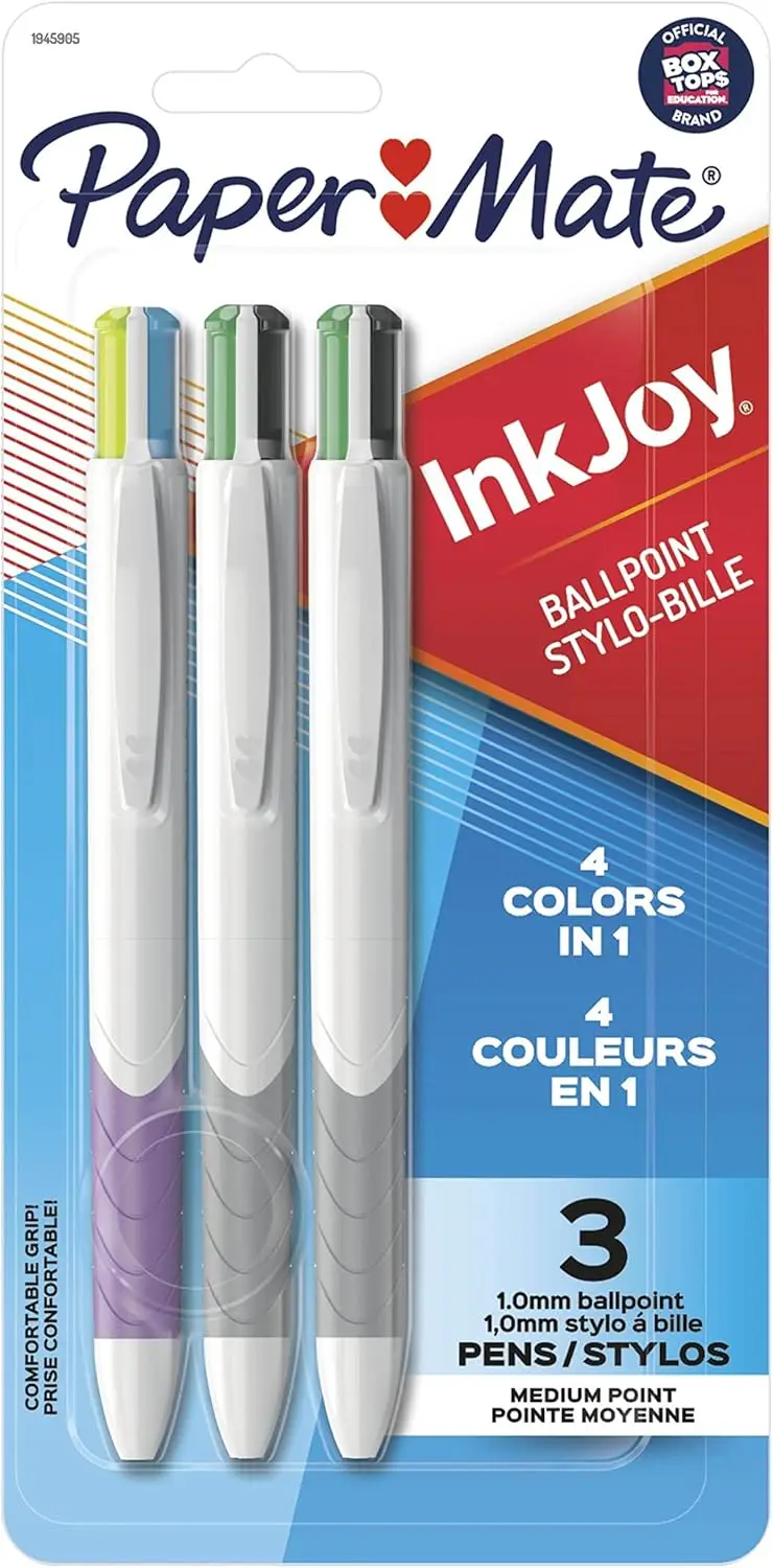 

4-Color Retractable Ballpoint Pen, 1.0mm Medium Point, 3-Pack, Ultra Smooth Ink, Comfortable Grip