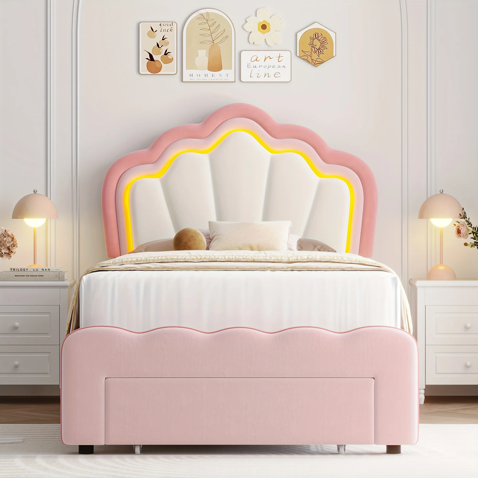 

Twin/Full Size Led Bed Frame, Pink/ Blue Platform Bed With Large Drawer, Modern Upholstered Bed