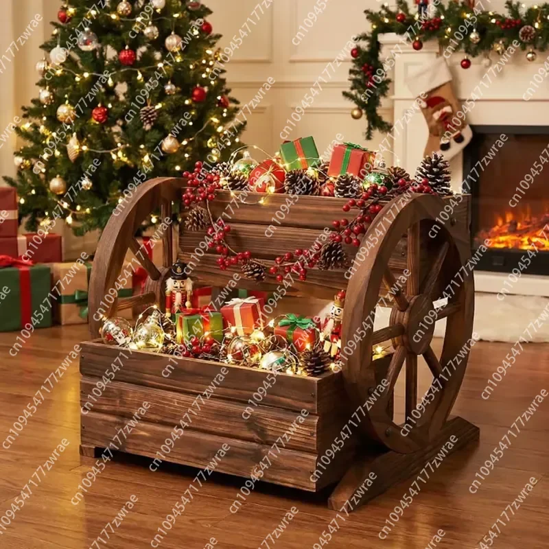 Rustic Wood 2-Tier Raised Garden Bed Wagon Shape with Drainage Holes and Wheels-for Flower Pots & Planters
