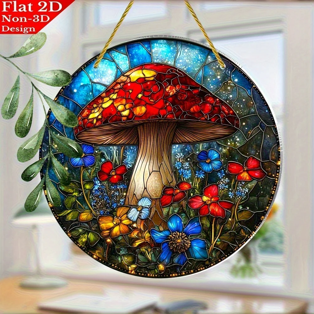 2D Flat, 1pc Bohemian Hanging Decoration - Red Mushroom & Floral Window Ornament with Blue Butterflies - Lightweight Acrylic Sun