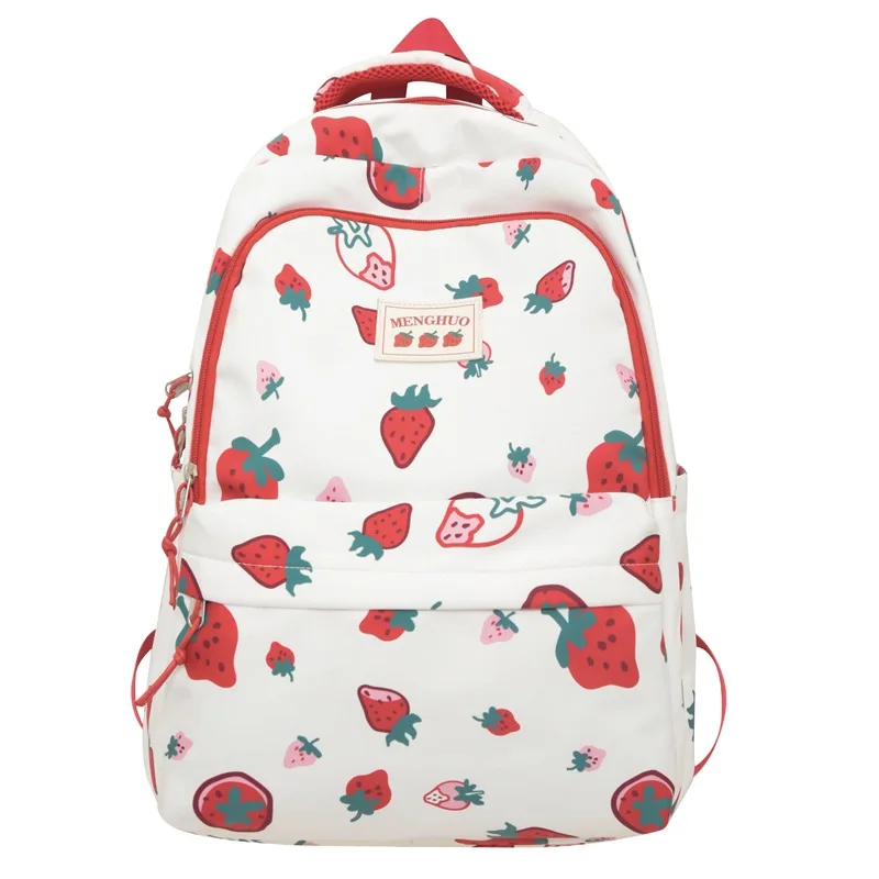 Cute Girls Backpack Waterproof Nylon School Bag 2023 Cartoon Backpack Lovely Rucksack Bear Strawberry Cheese Printed Backpack