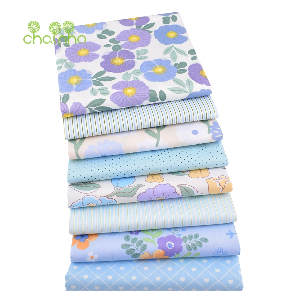 Chainho,Printed Twill Weave Cotton Fabric,Patchwork Cloth,DIY Sewing Quilting Material,Blue Flower Series,3 Specification,2C43