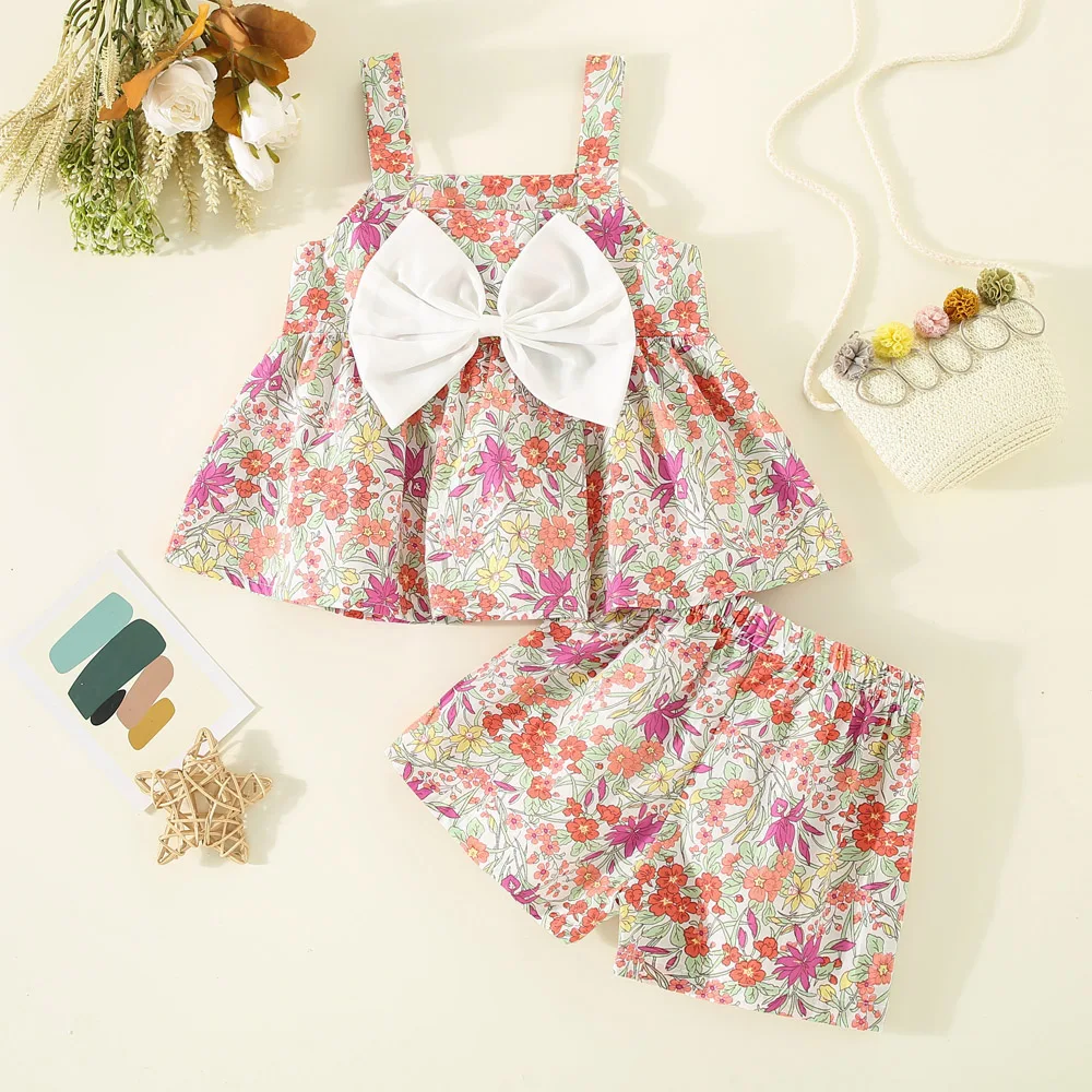 Summer Baby Girl Outfit Set Children's Top And Bottom Clothes Fashion Floral Bow Sleeveless Tops And Soft Beach Toddler Shorts