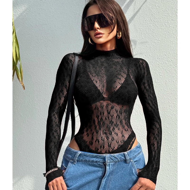 Long Sleeve Mesh Bodysuit Beach Cover Up Hollow Out Sexy Fishnet Lingerie Women Summer Music Festival
