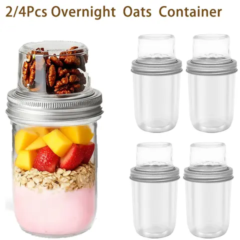 2/4 Stuks Helder Glas Overnachting Haver Voedsel Opslag Container Met Deksel Lekvrij Haver Fruit Salade Verzegelde Pot Draagbare Ontbijt kopjes