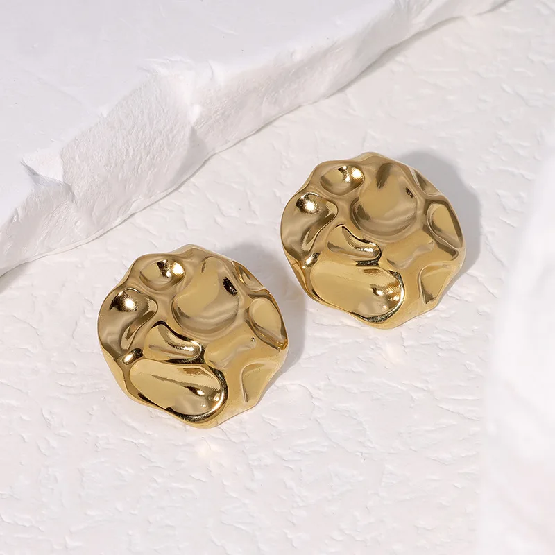 Gold Plated Stainless Steel Hypoallergenic Wrinkled Irregular Geometric Stud Earrings for Women Wedding Gift Jewelry