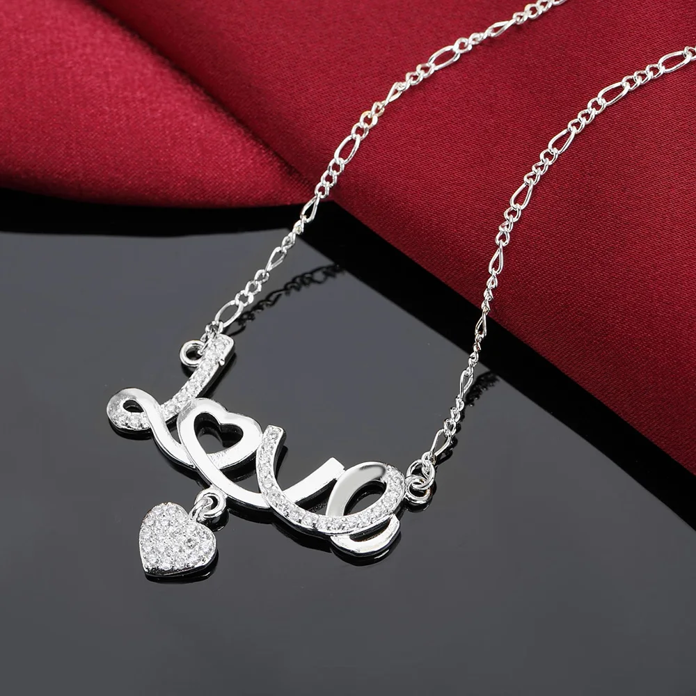 

Romantic 925 Sterling Silver 18 Inch AAA Zircon Heart Love Pendant Necklace Women'S Fashion Wedding Party Charm Jewelry