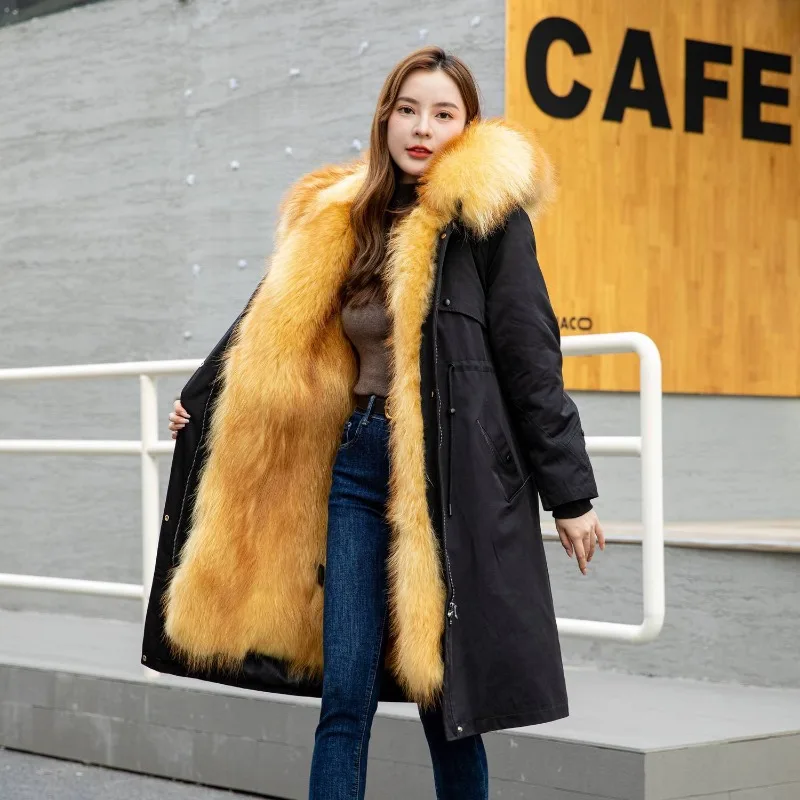 

2025New Style Fashionable Temperament Women Long Coat with Detachable Faux Fox Fur Lining Winter Cotton-padded Jacket Girl