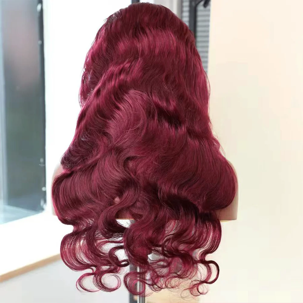 

99j Бордовые парики фронта шнурка, человеческие волосы 13x4, объемные волны, парики фронта шнурка, предварительно выщипанные с детскими волосами, плотность 200,