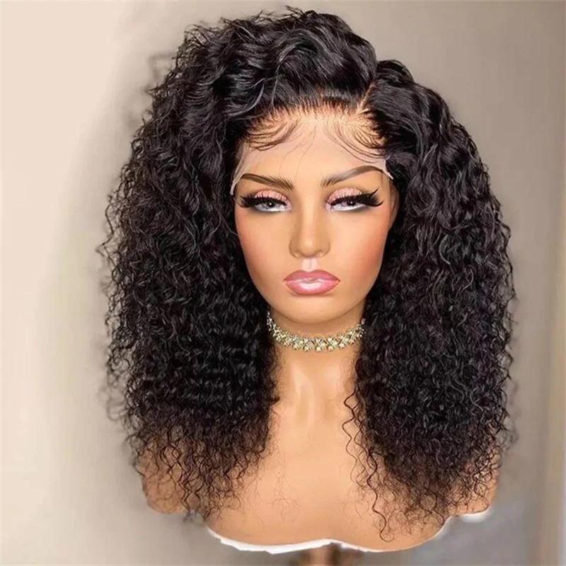 Soft Natural Black Short 18inch 180Density Kinky Curly Lace Front Wig For Women BabyHair Heat Resistant Preplucked Glueless