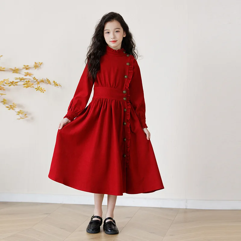 

Children Girl Corduroy Dress Autumn Winter Thick School Girl Lace Collar Pure Color Retro Dress Junior Girl Metal Buttons Dress