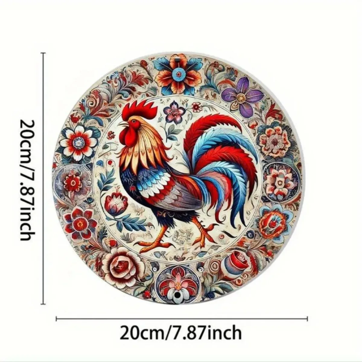 Vintage Chicken Flower Wall Art (1-Piece) – 19.99cm Round Faux Decor Sign, Bright Color, Easy-to-Hang for Indoor