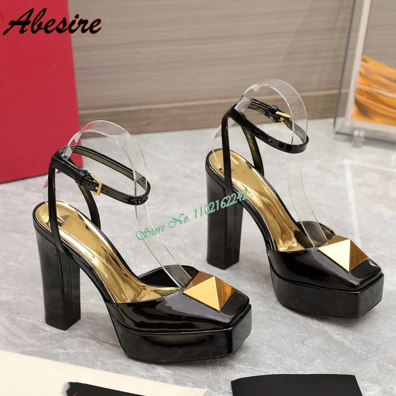 Jesień Nowe Rivet Water Platform Pumps Square Toe Thick Heel Buckle Strap Runway Shoes Fashion Party Dress Sandals For Women 43