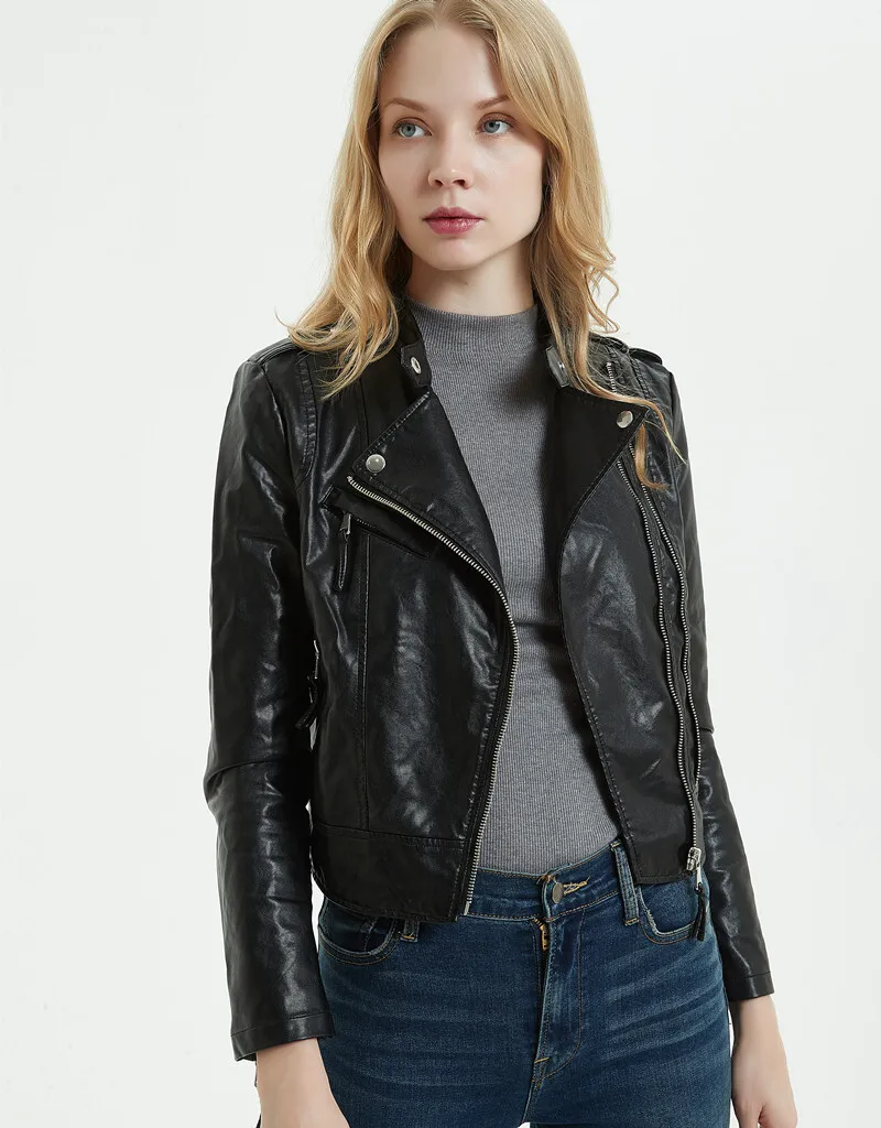 2024 Spring and Autumn New PU Motorcycle Leather Jacket for Women, Short Style, Slim Fit, Stand up Collar, Washed Leather