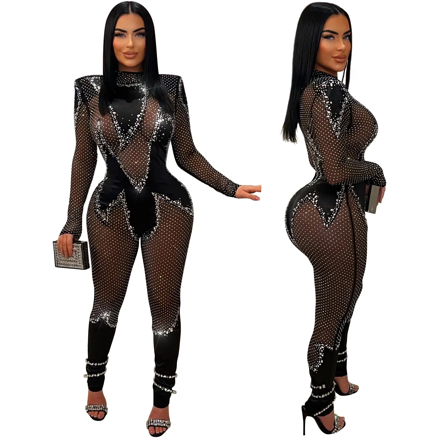 

Sexy Party Nightclub Dance Gathering Club Banquet Solid-Color Mesh Rhinestone-Embellished Long-Sleeve Jumpsuit