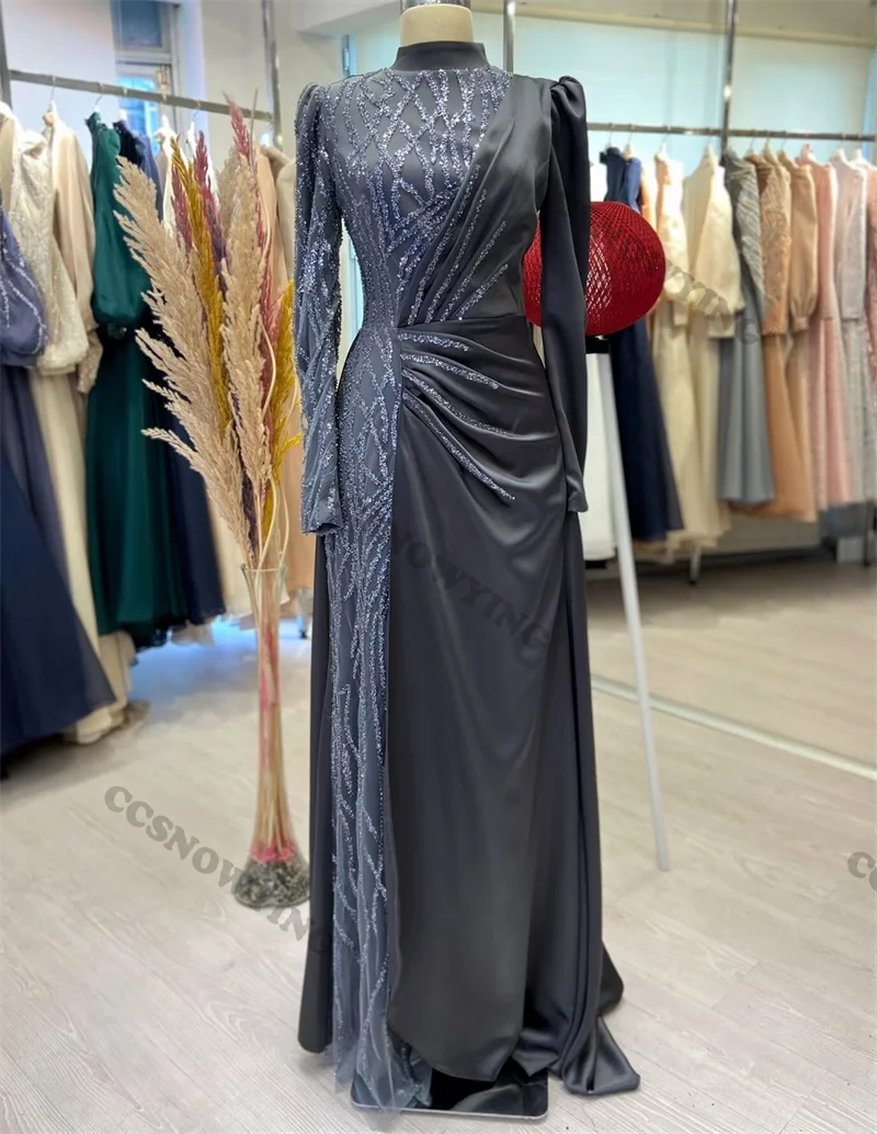 

Sparkly Sequin Long Sleeve Muslim Evening Dresses Satin Beaded Islamic Formal Party Gowns High Neck Women Arabic Robes De Soirée