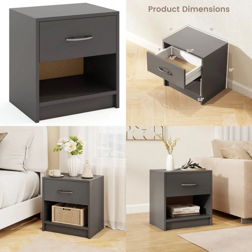 

NightstandsModern Nightstand with Drawer and Open Storage Small Space Bedside Table for Bedroom Living Room Minimalist Furniture