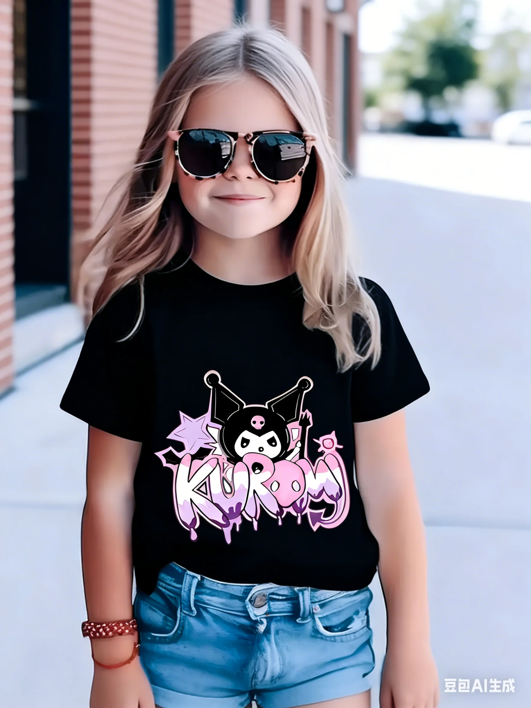

Детская футболка с принтом граффити Kuromi, летняя хлопковая футболка с короткими рукавами для девочек, милая детская повседневная футболка с героями мультфильмов, наряд на день рождения