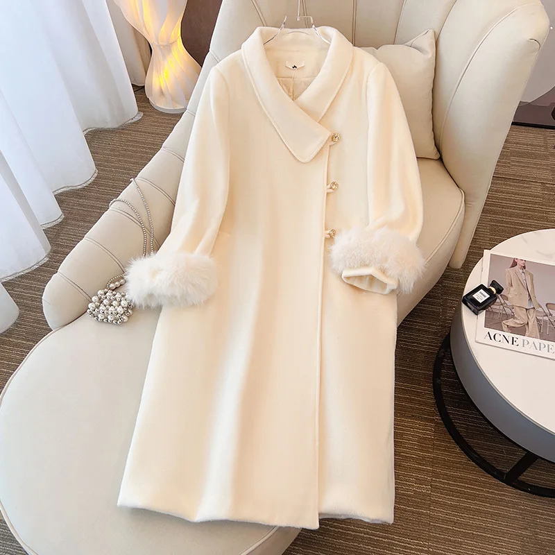 150Kg Plus Size Women's Bust 158 Winter Thick Loose Lapel Woolen Trench Coat Apricot 5XL 6XL 7XL 8XL 9XL