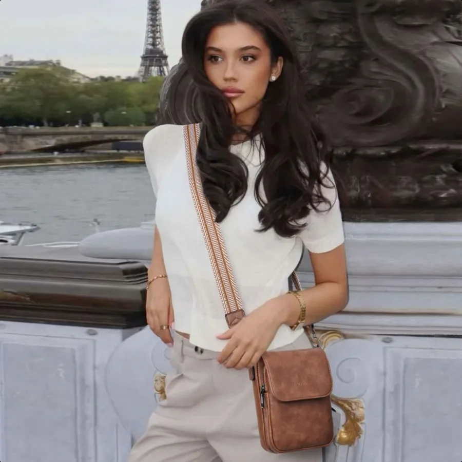 POIUGOYA حقائب كروس صغيرة للنساء عصرية من الجلد ثلاثية المقصورة للهاتف الخليوي محفظة كروس مع فتحات للبطاقات