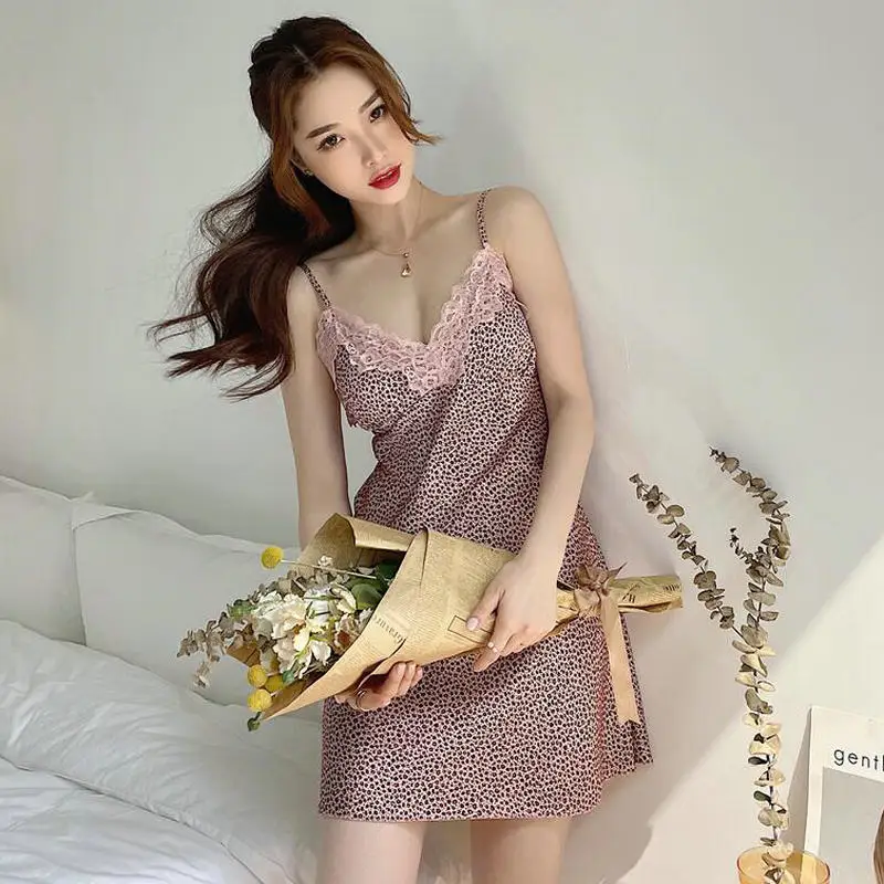 Suspenders nightdress female summer ice silk thin leopard-print lovely students summer net red in long with chest cushion home c