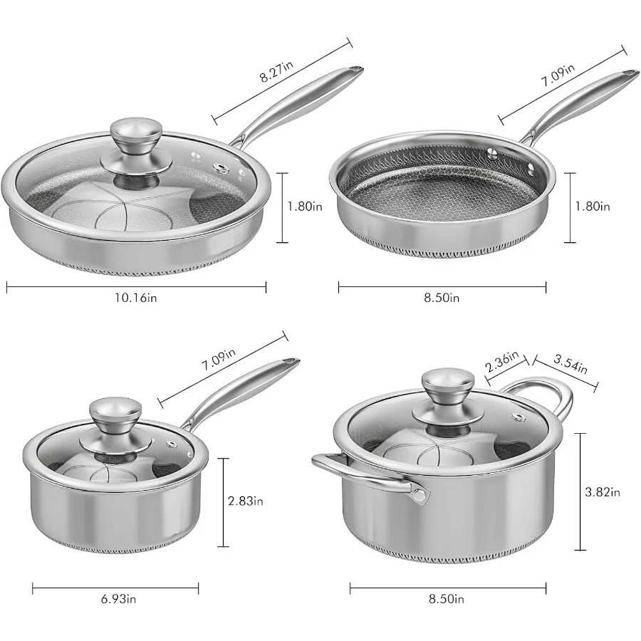 طقم أواني ومقالي من الفولاذ المقاوم للصدأ غير لاصقة هجينة، طقم أواني طهي حثي مع أغطية من الزجاج المقسى، وعاء غير لاصق ومجموعة مقلاة Su