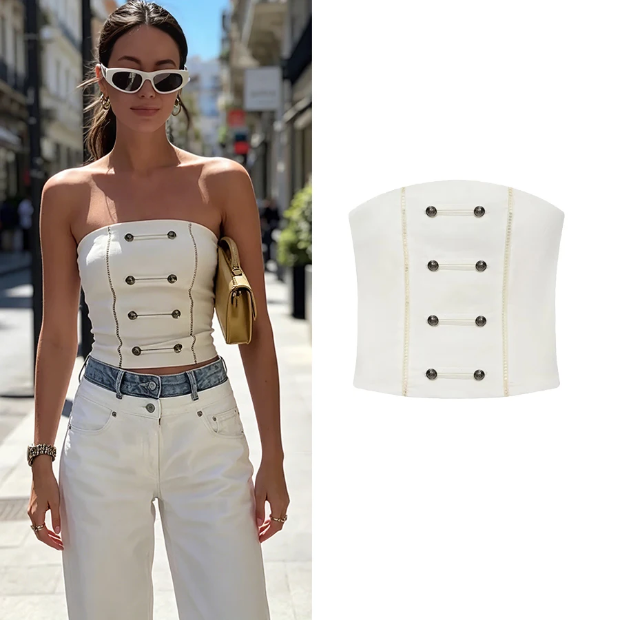 Women Summer Outfit For Women Top Chic Metal Button Double Breasted Decoration Top Female Vintage Casual Streetwear