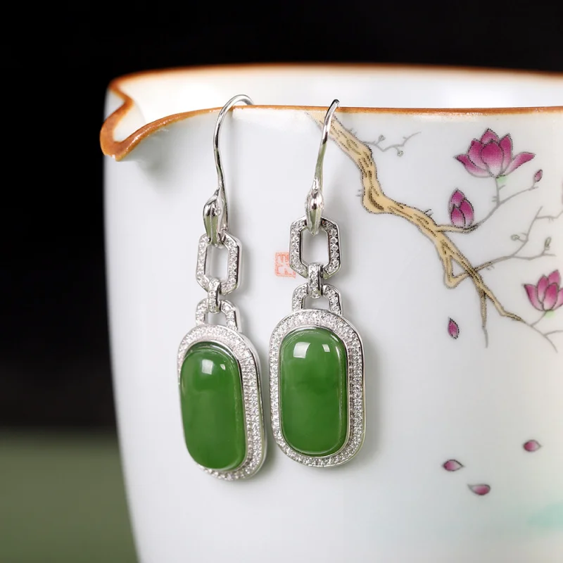 S925 Sterling Silver Inlaid Hetian Jade Geometric Eardrop Earring