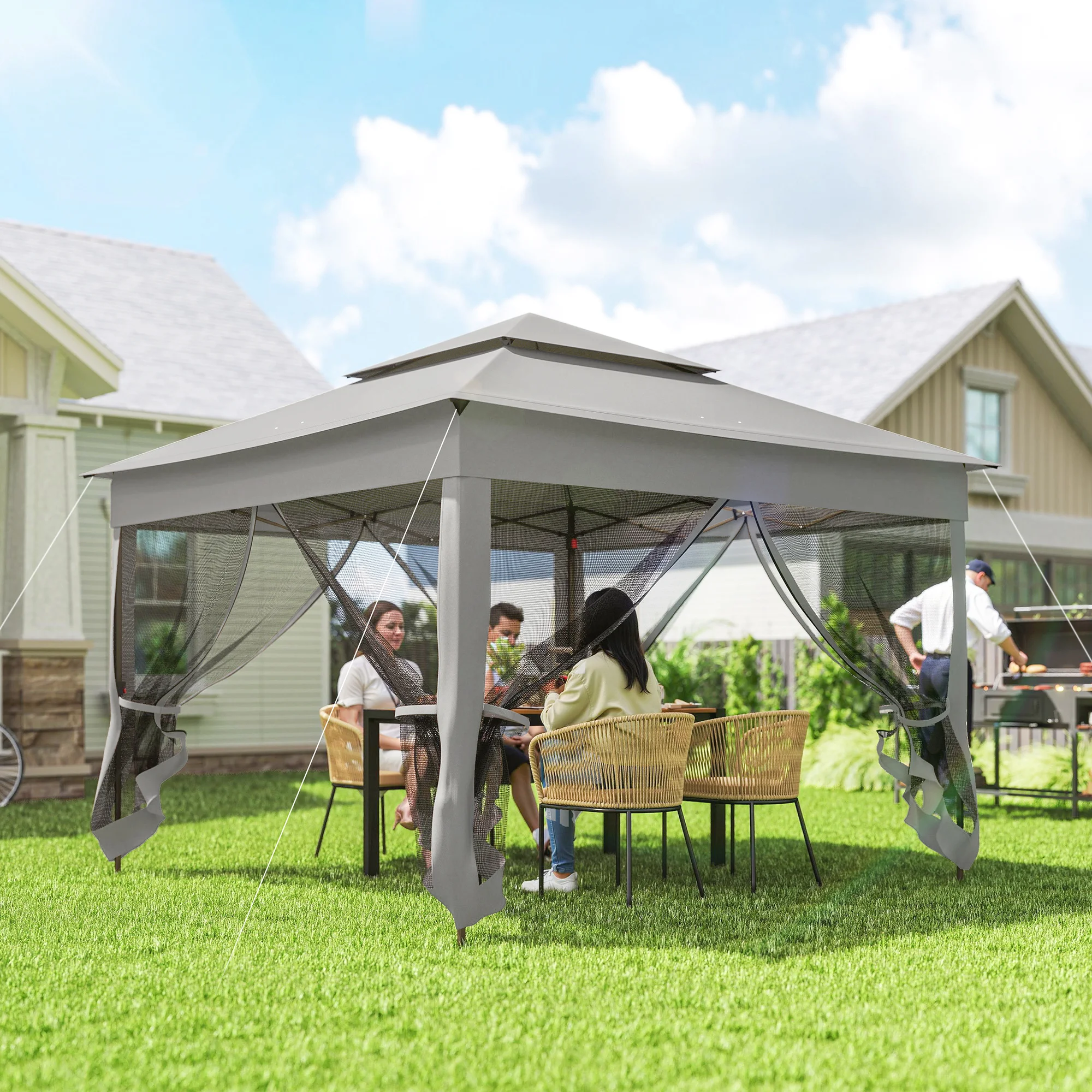 11' x 11' Outdoor 2-Tier Pop Up Gazebo Portable Party Tent w/ Netting, Grey