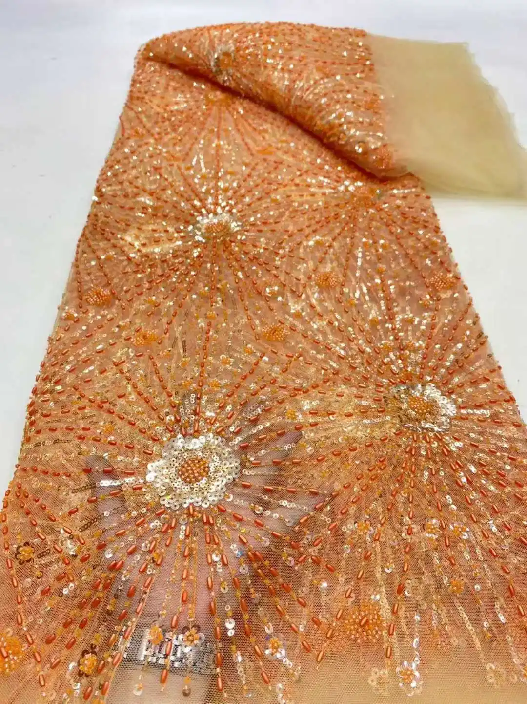 

Newest African Sequin Beaded Lace Fabric 5 Yards French Nigerian Groom Embroidery Tulle Lace Fabric Bridal Gown Sewing