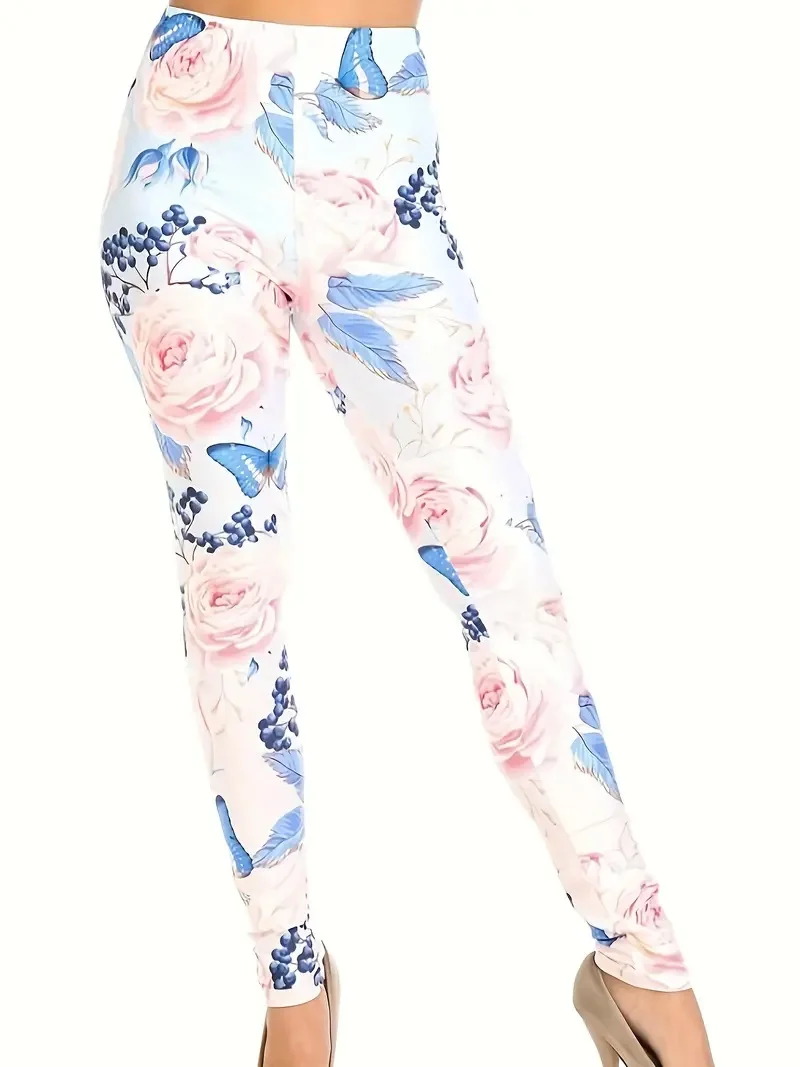 Flower  print Rest tight stretch elastic waist comfortable slim fit work daily travel Wearing women\'s leggings