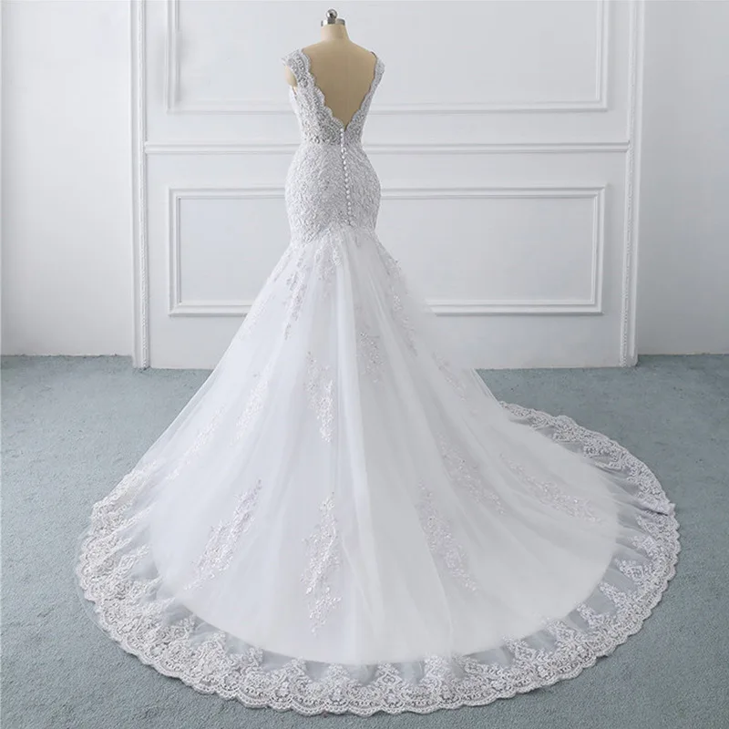 Immagine reale eleganti abiti da sposa a sirena con scollo a V in pizzo Applique bottone coperto abito da sposa Plus Size Vestido De Noiva gelinlik