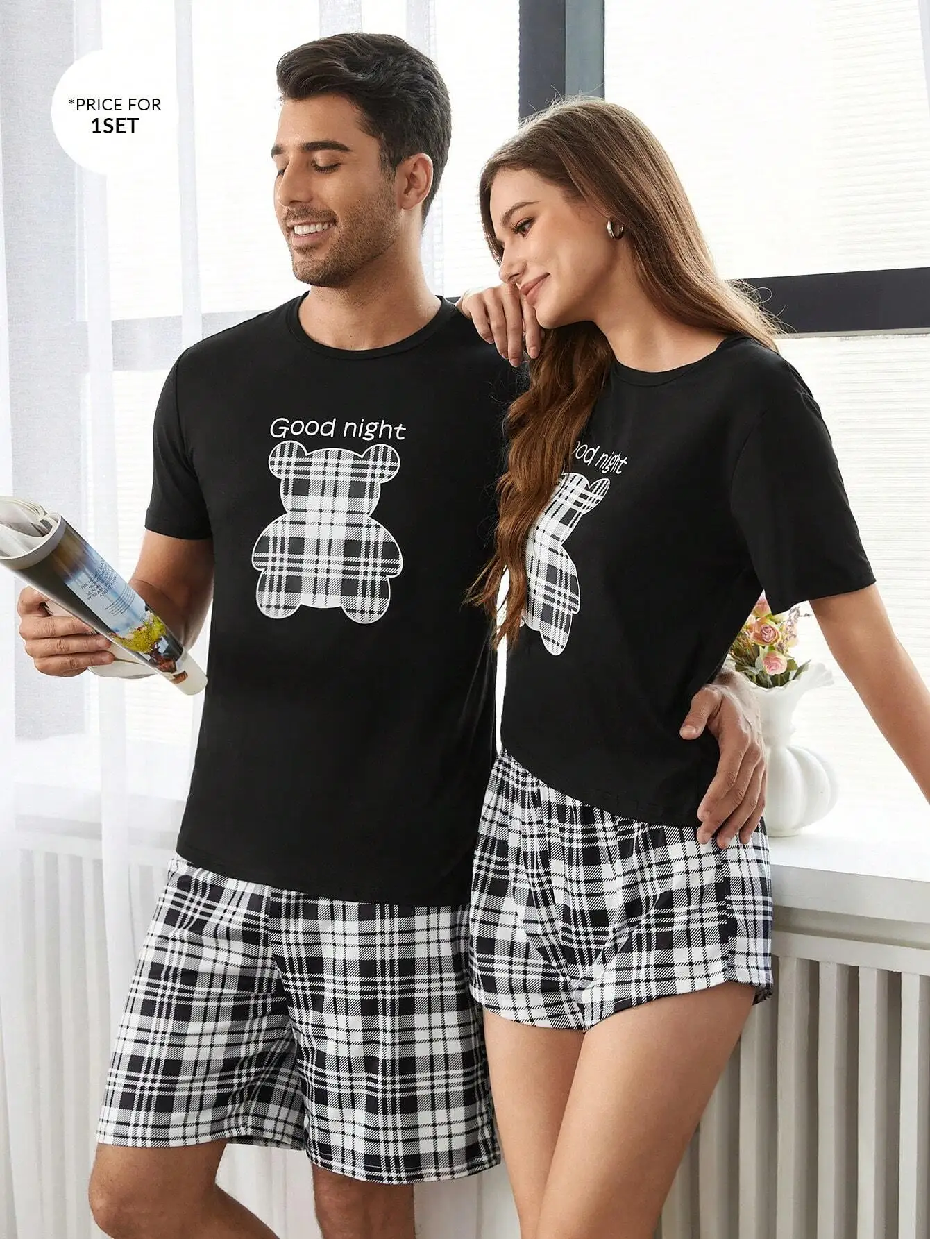 

Черный пижамный комплект с короткими рукавами и клетчатым принтом с изображением медведя для мужчин и женщин