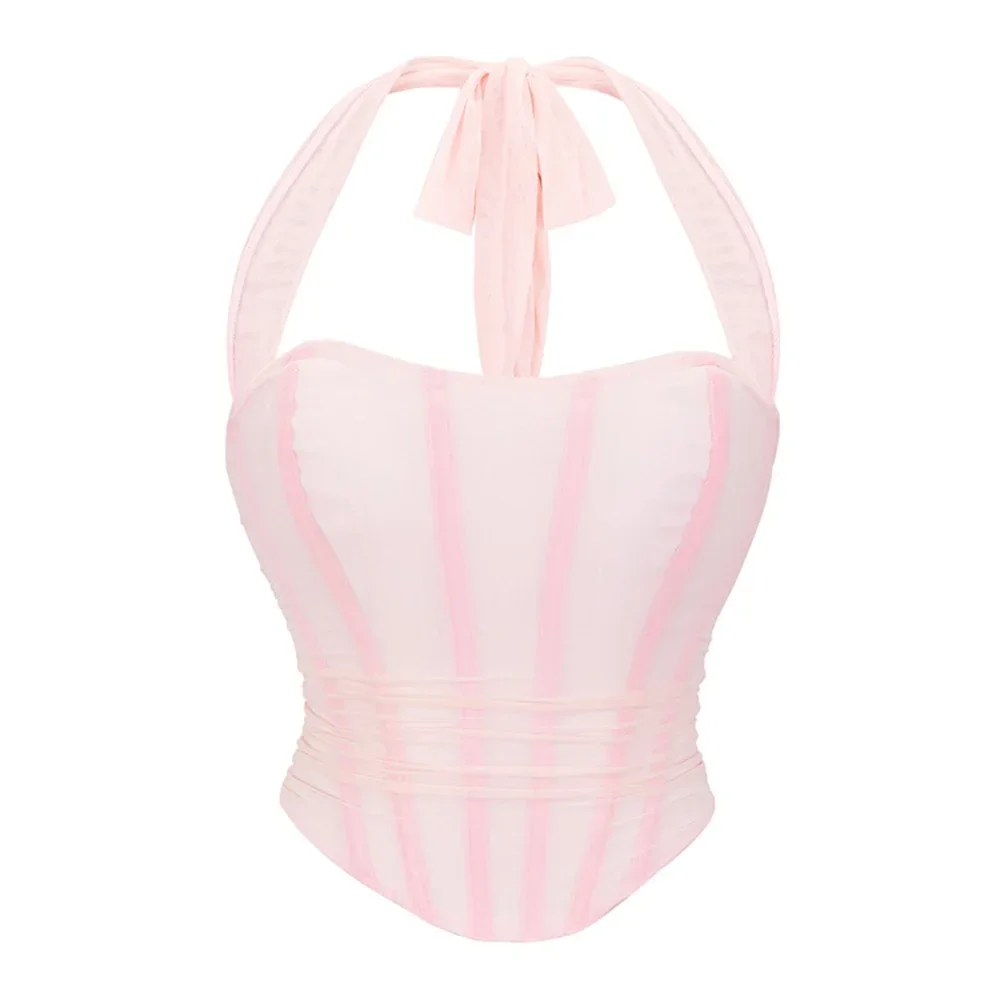Fairy Halter Adjustable Sleeveless Crop Tops Lace Mesh Women Corset Overbust Retro Tank Top Lingerie Corselet Feminino Bustier