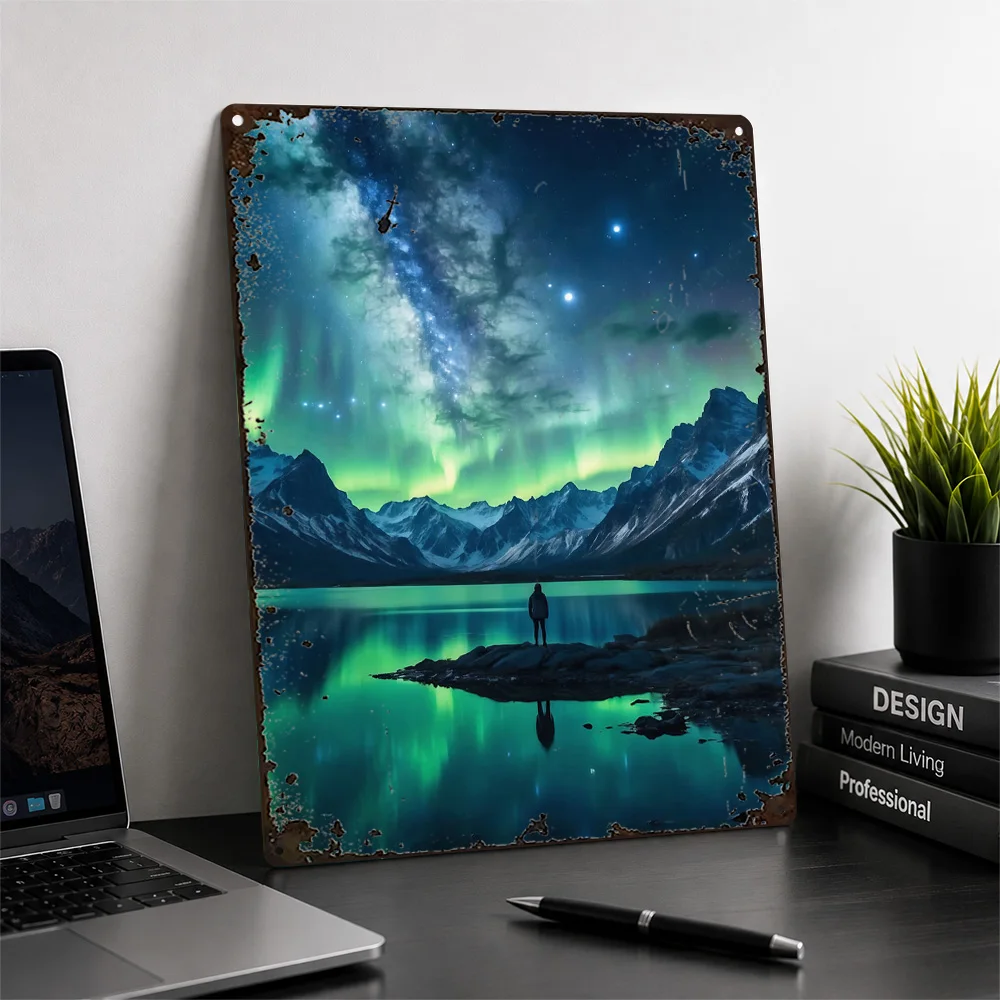 Aurora Mountain Lake Reflection Aluminum Poster Scenic Wall Art For Living Room Personalized Metal Sign Nature Lover Gift Idea