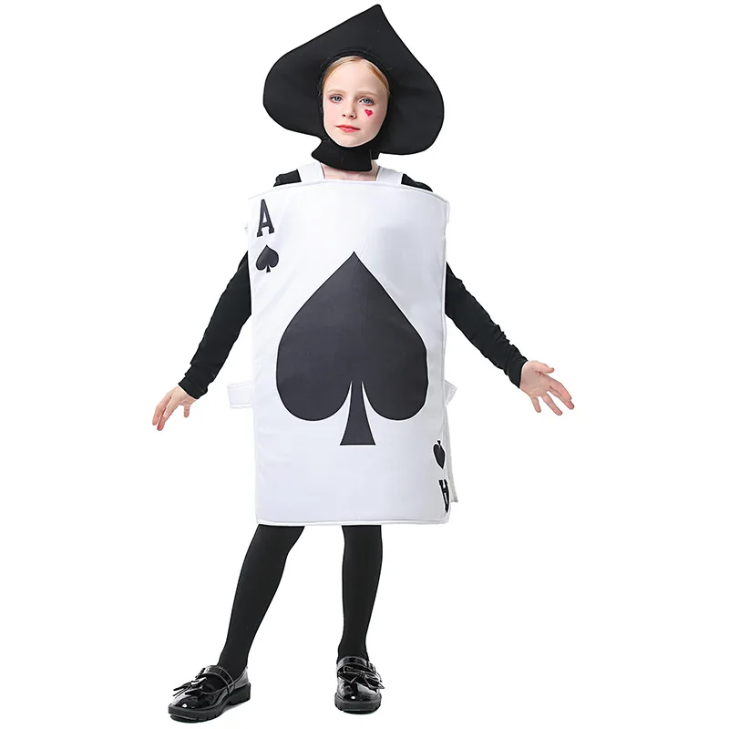 

Poker Jumpsuit Spade A Costume School Stage Performance Bodysuit Full Set Hat Children Zentai Halloween Party Outfit Girls Boys