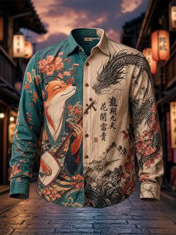 New artistic Chinese style long sleeved shirt with rice bottom, pink cherry blue wave front placket, men's top