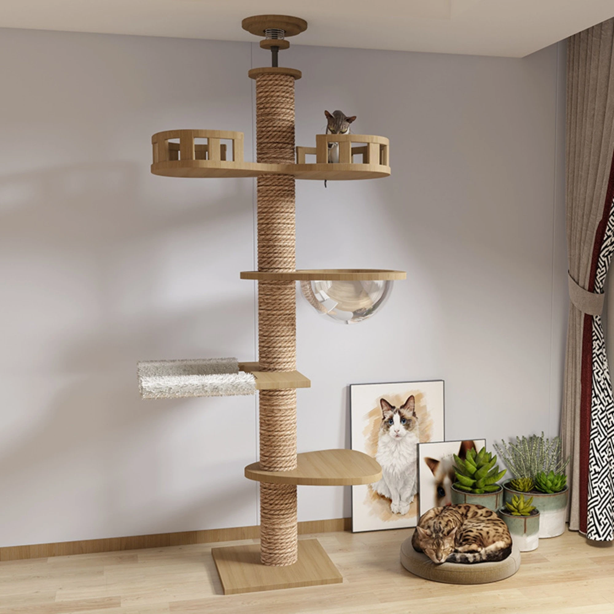 

Cat Tree Floor to Ceiling 5-tier Tower Cat Climbing Wooden Frame Tree Adjustable Height Cat Tree Ceiling