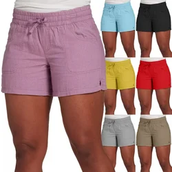 Pantalones cortos informales para mujer, Shorts con cordones y cintura elástica, Color liso, S-5XL, 2023