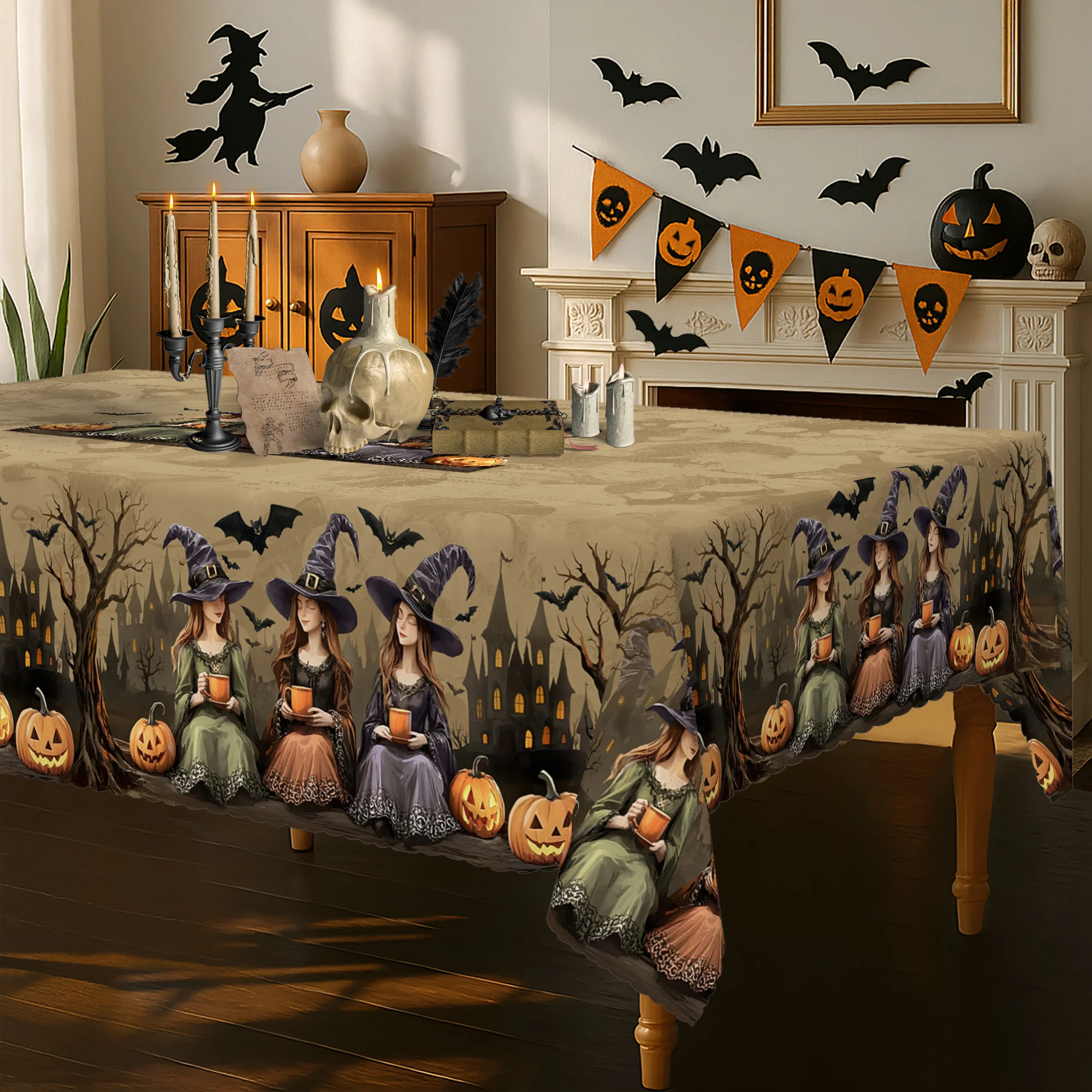 1 piece, vintage Halloween tablecloth, witch castle design - brown skull background