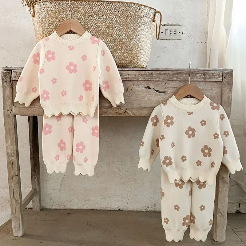 2024 New Autumn Newborn Baby Girls Knitted Clothing Set Long Sleeved Knitted Printed Pullover Shirt+Pants Children Clothes Suit