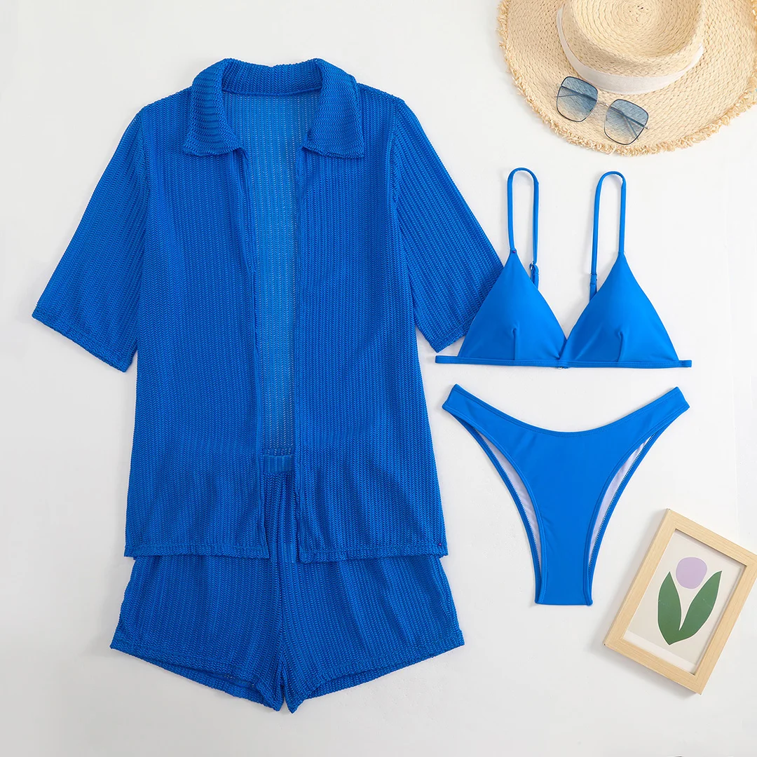 Mit Hemd, Shorts, Neckholder, brasilianischer Bikini, Damen-Badeanzug, Damen-Bademode, vierteiliges Bikini-Set, Badeanzug, Badebekleidung, Schwimmbekleidung V5716H – Detail 22