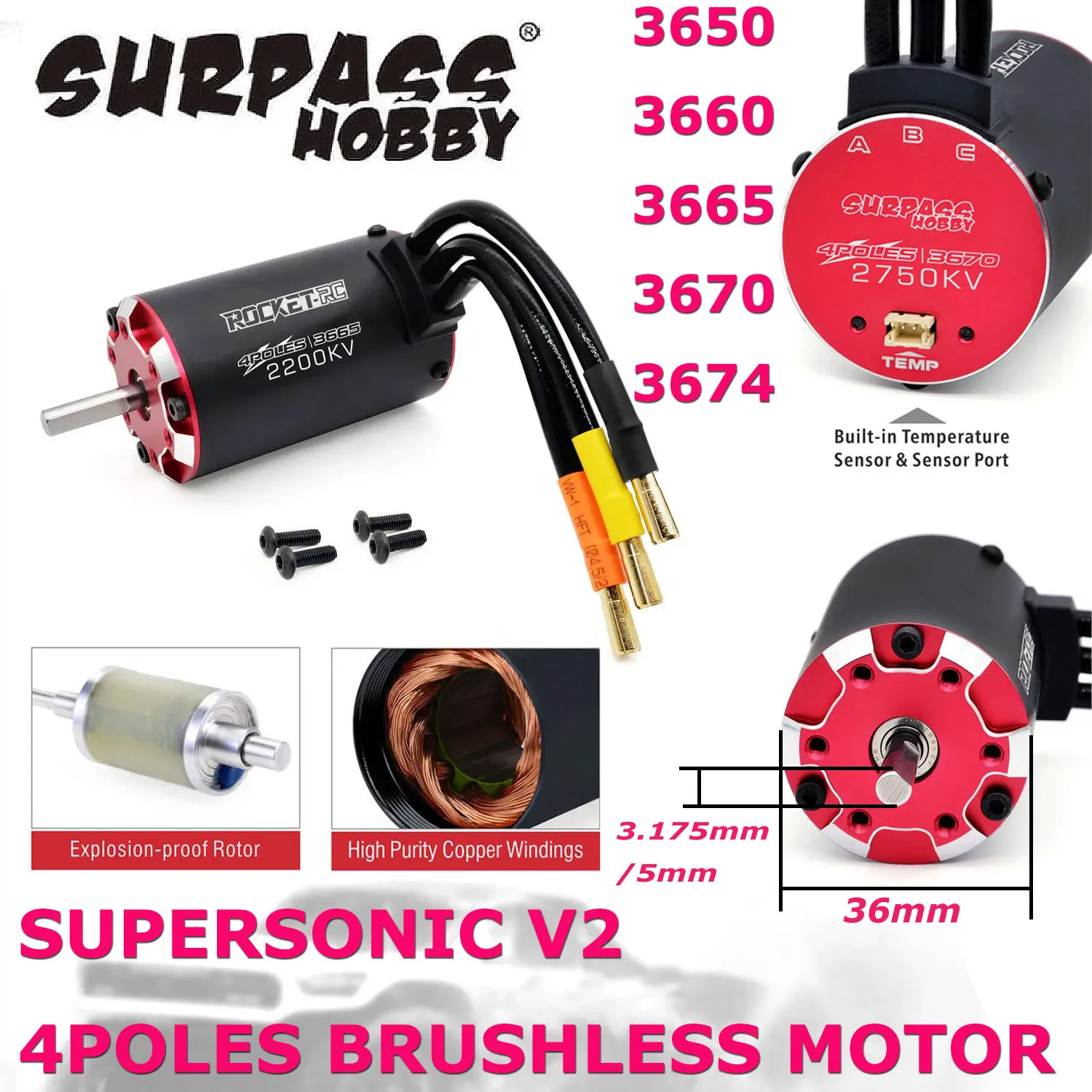 

Rocket RC V2 supersonic 3650 3660 3665 3670 3674 Built -in Temperature Sensor Brushless Motor for 1/8 1/10 RC Car Off-Road Boat
