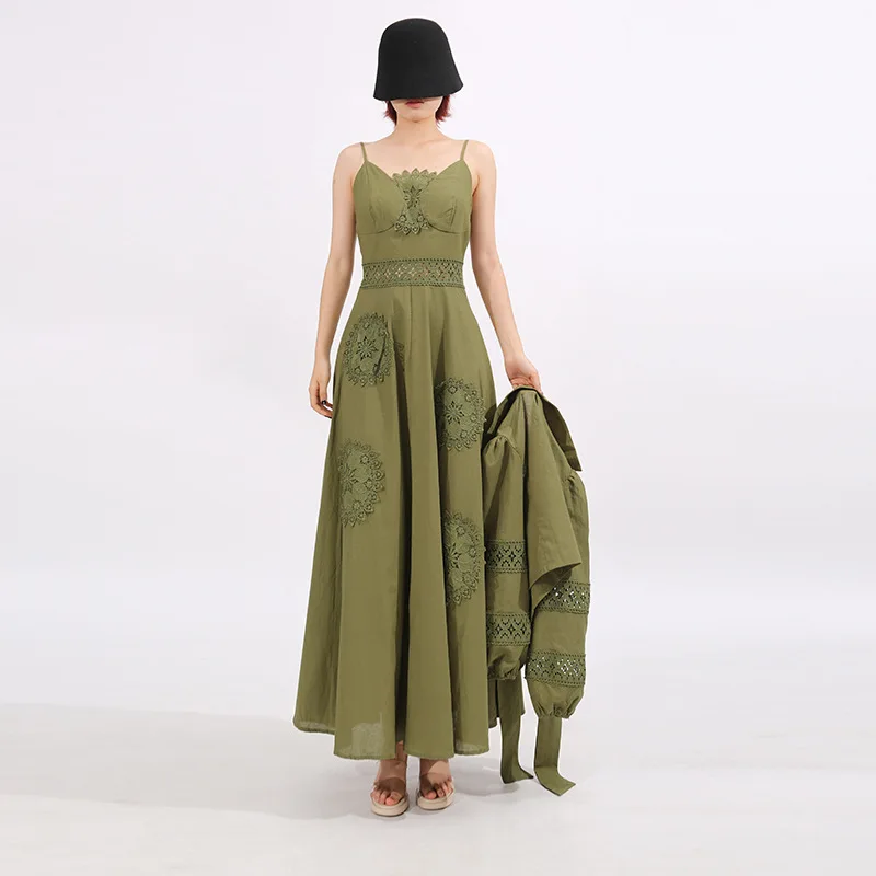 French Elegant Dress Set Hollow Embroidered Flowers Long Sleeve Shirts V-Neck Sleeveless Long Dress Two-Piece Set Women Autumn